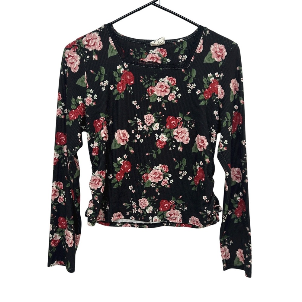 Y2K VTG Floral Lace Trim Top XL Black‎ Ribbed Long Sleeve Fairy Grunge Coquette